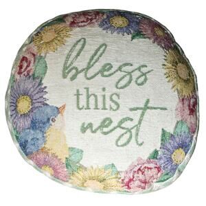 Vintage Bluebird Daisies Pillow Bless this Nest Round Circle Tapestry Floral